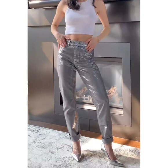 ZARA ZW THE METALLIC JEANS PANTS SILVER Size 4 Party Going Out Date Night - Picture 2 of 9